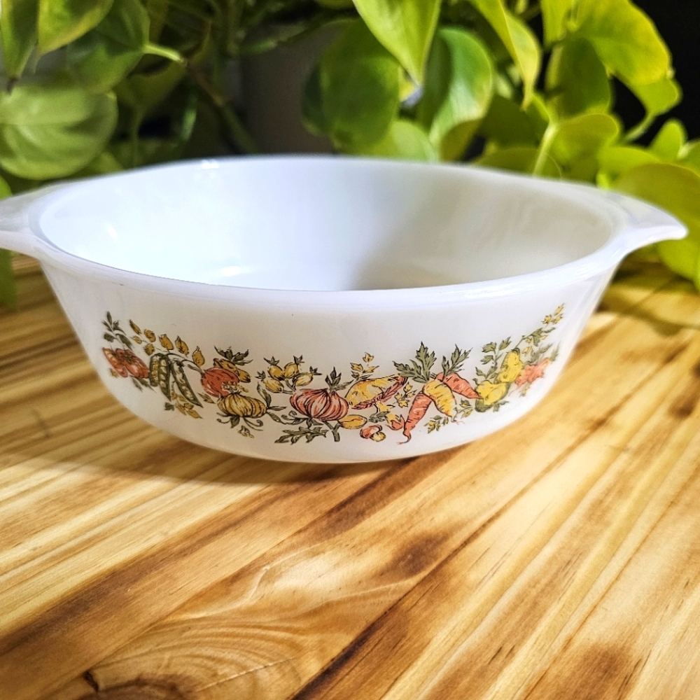 Vintage Fire King "vegetable harvest" design small casserole dish